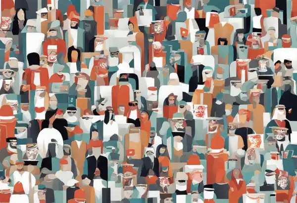 Artwork by best branding agency in Riyadh & Bahrain. Marketing Company artwork showing people from Saudi Arabia and Bahrain in orange, teal, and white colors